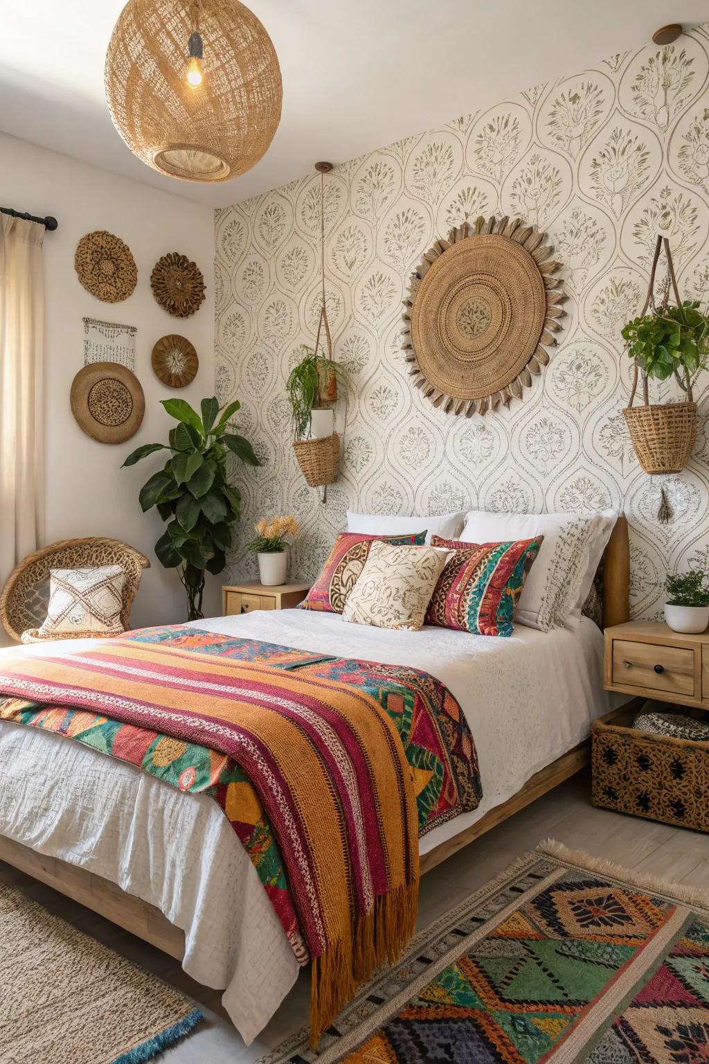 Creative boho vibes in fabric wallpaper make a comfortable hideaway.