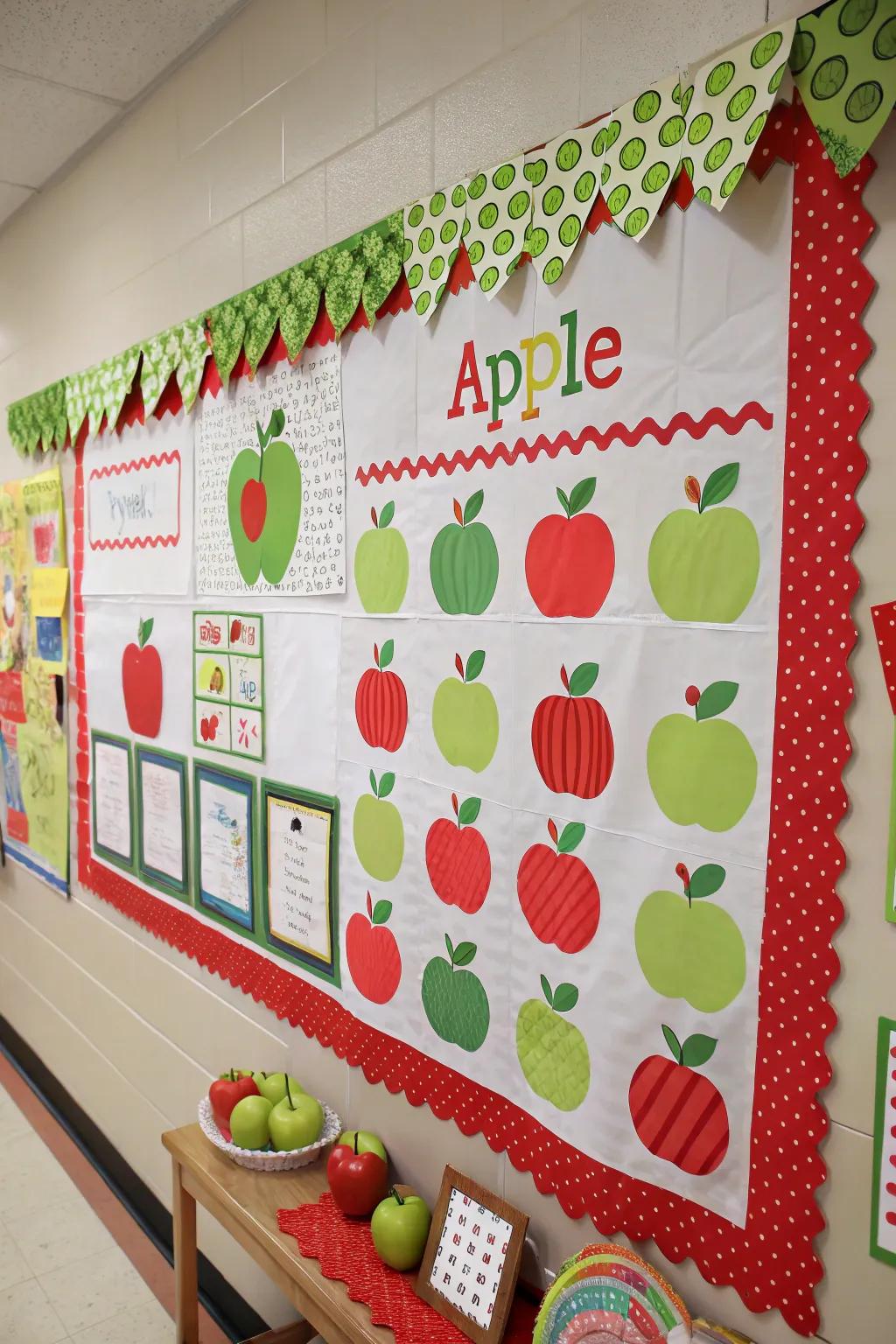 A delightful apple-themed bulletin board, perfect for fall.