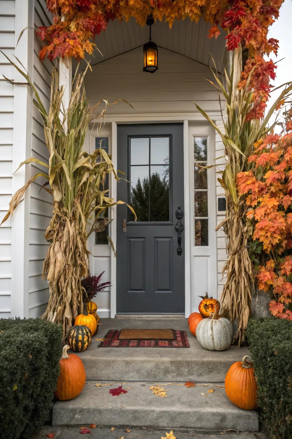 Corn stalks add height and drama to a fall-themed door.