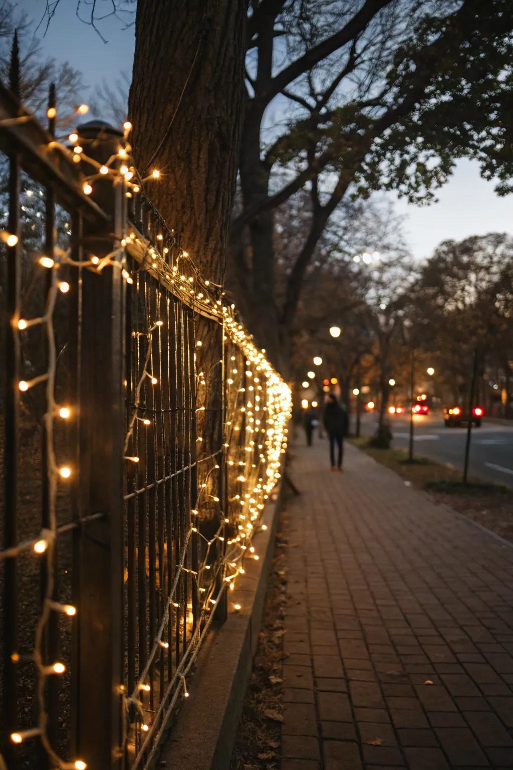 Warm white string illumination conjures a relaxing radiance across the fence.