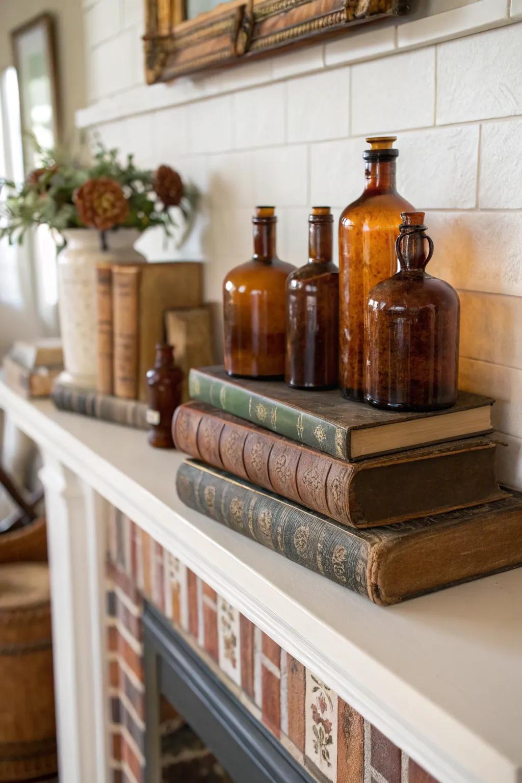 An autumnal mantel showcasing archaic volumes and ochre decanters.