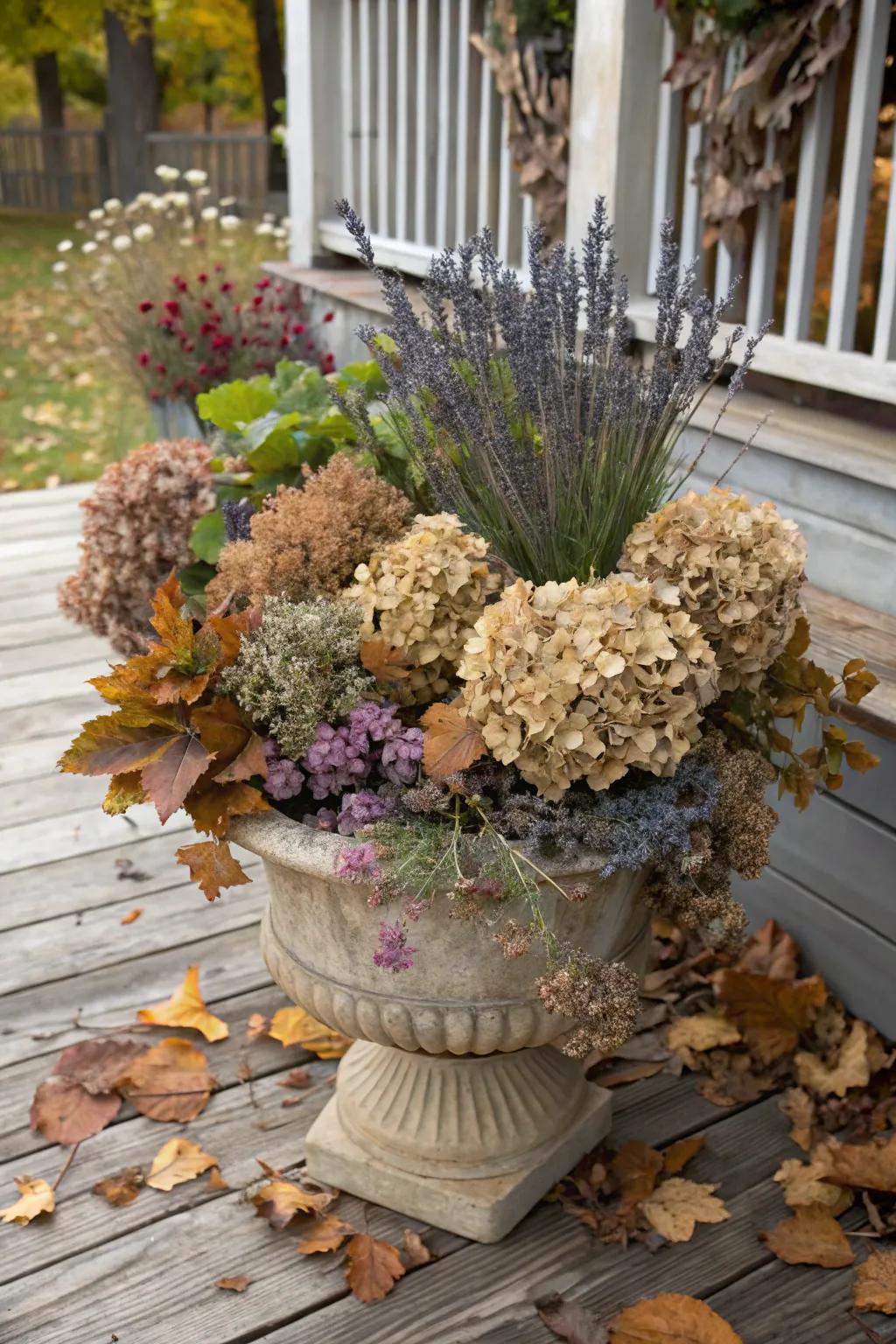 Dried flowers bring a touch of vintage elegance to your fall containers.