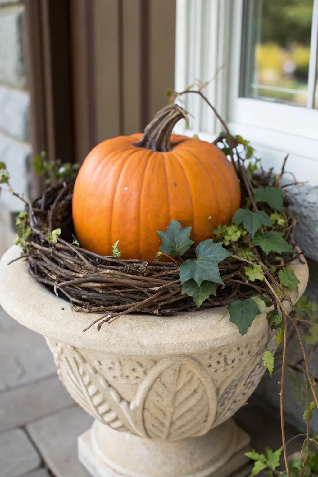 A grapevine garland acts as a country-style base for gourd presentations.