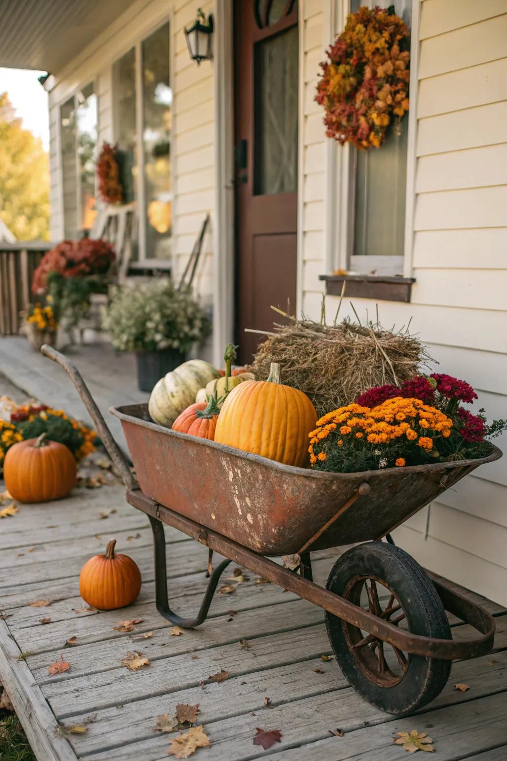 A classic hauling cart introduces an endearing rustic nuance to the fall porch.