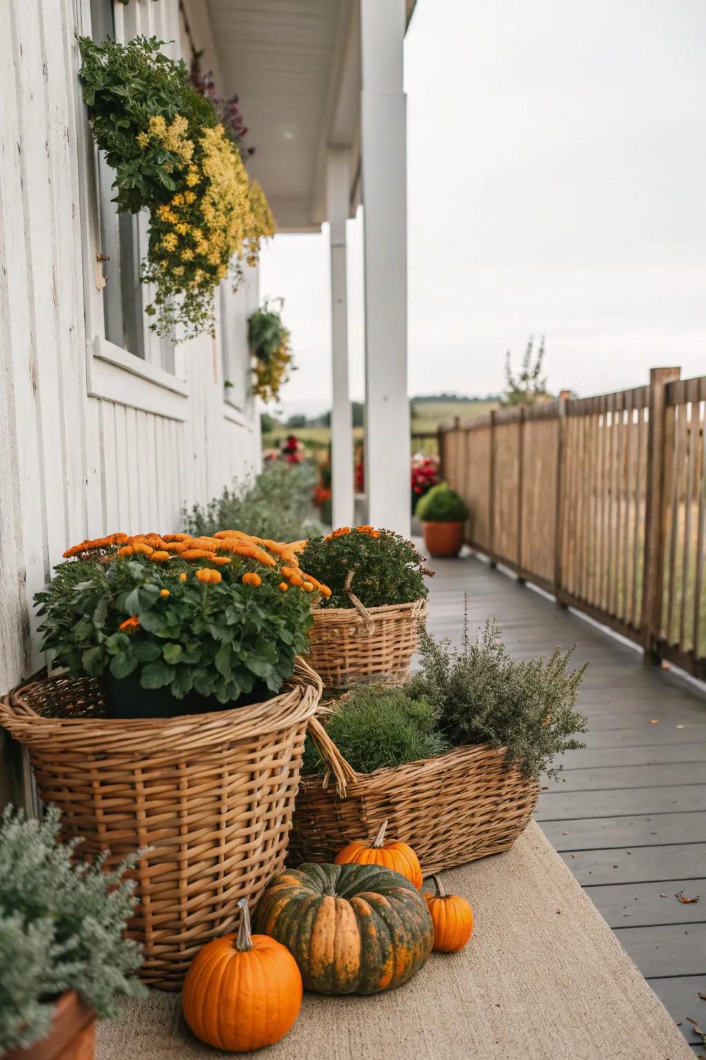 Interwoven baskets infuse countryside charm and natural material into your porch ornamentation.
