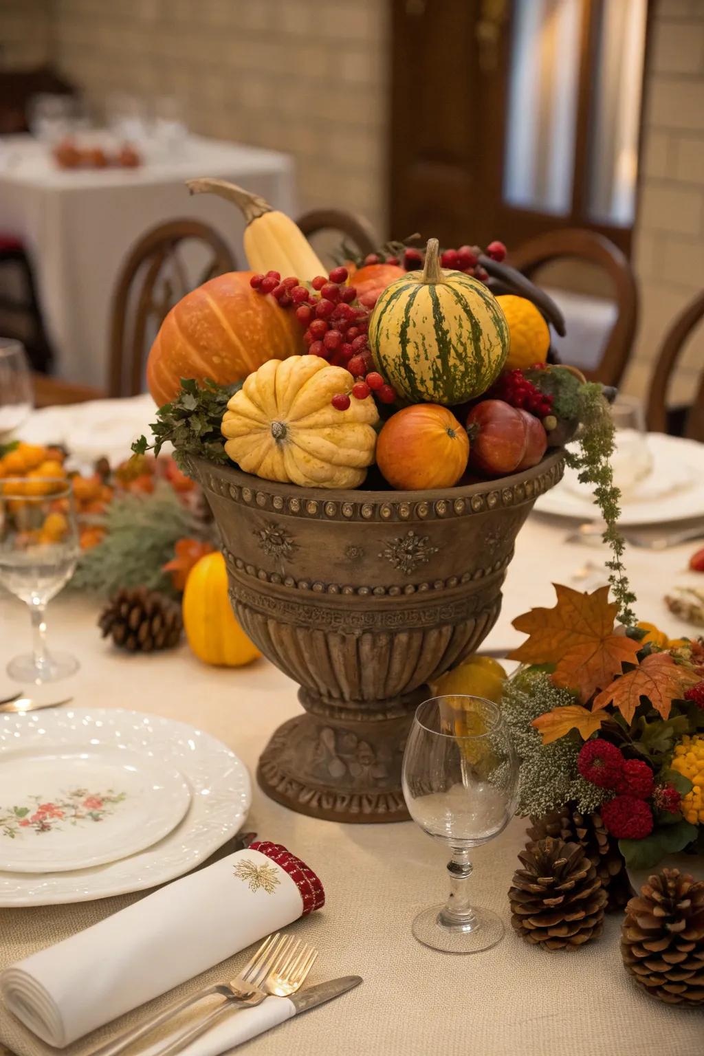 Bountiful cornucopia in a fall urn.