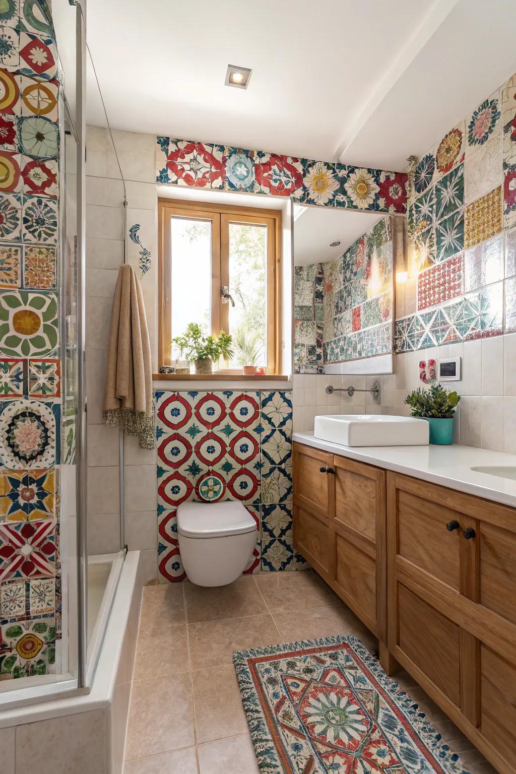 Daring patterns create a striking statement in the bathroom.