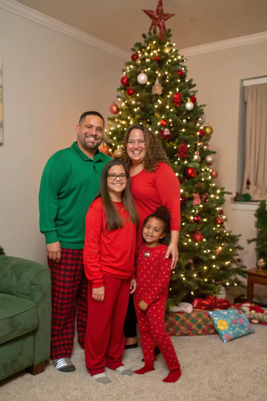 Embrace the quintessential Christmas shades with a family adorned in crimson and verdant attire.