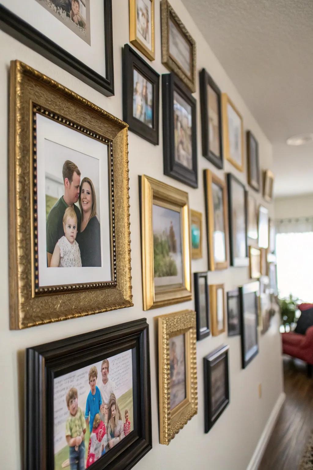 An eclectic photo display commemorates diversity through varied frames and photos.