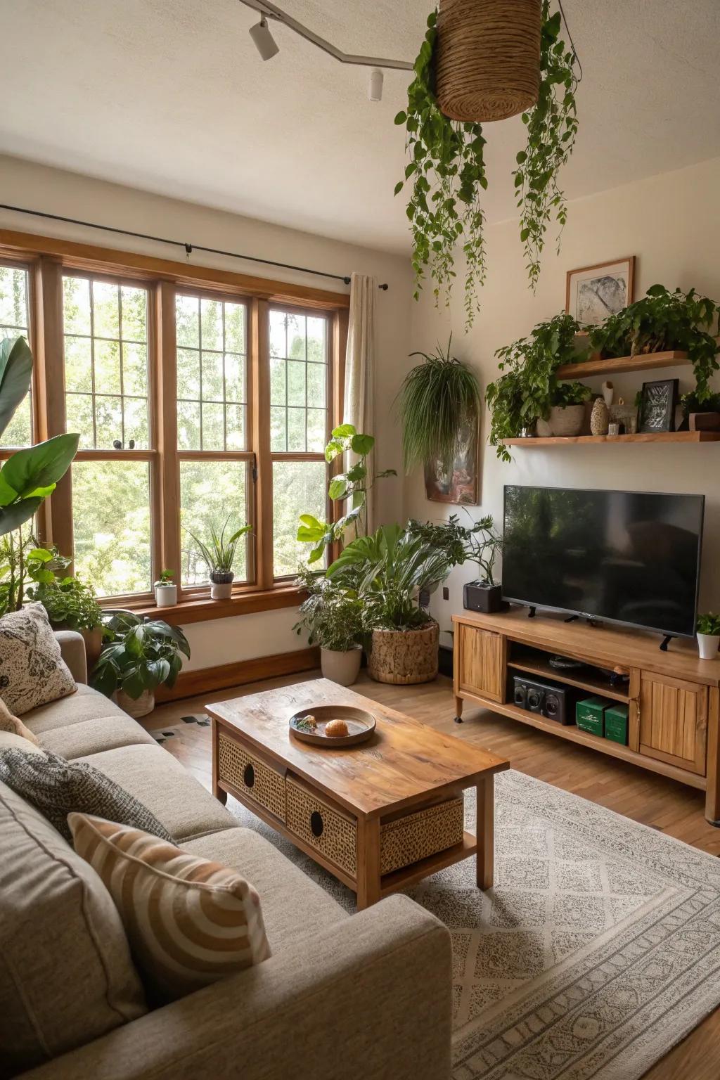 Plants and natural decor bring life and warmth to the family room.