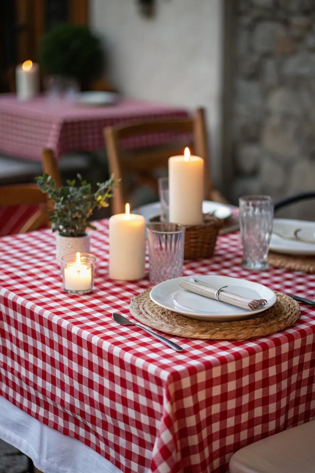 A crimson patterned cotton tablecloth imparts a traditional farmhouse ambiance.