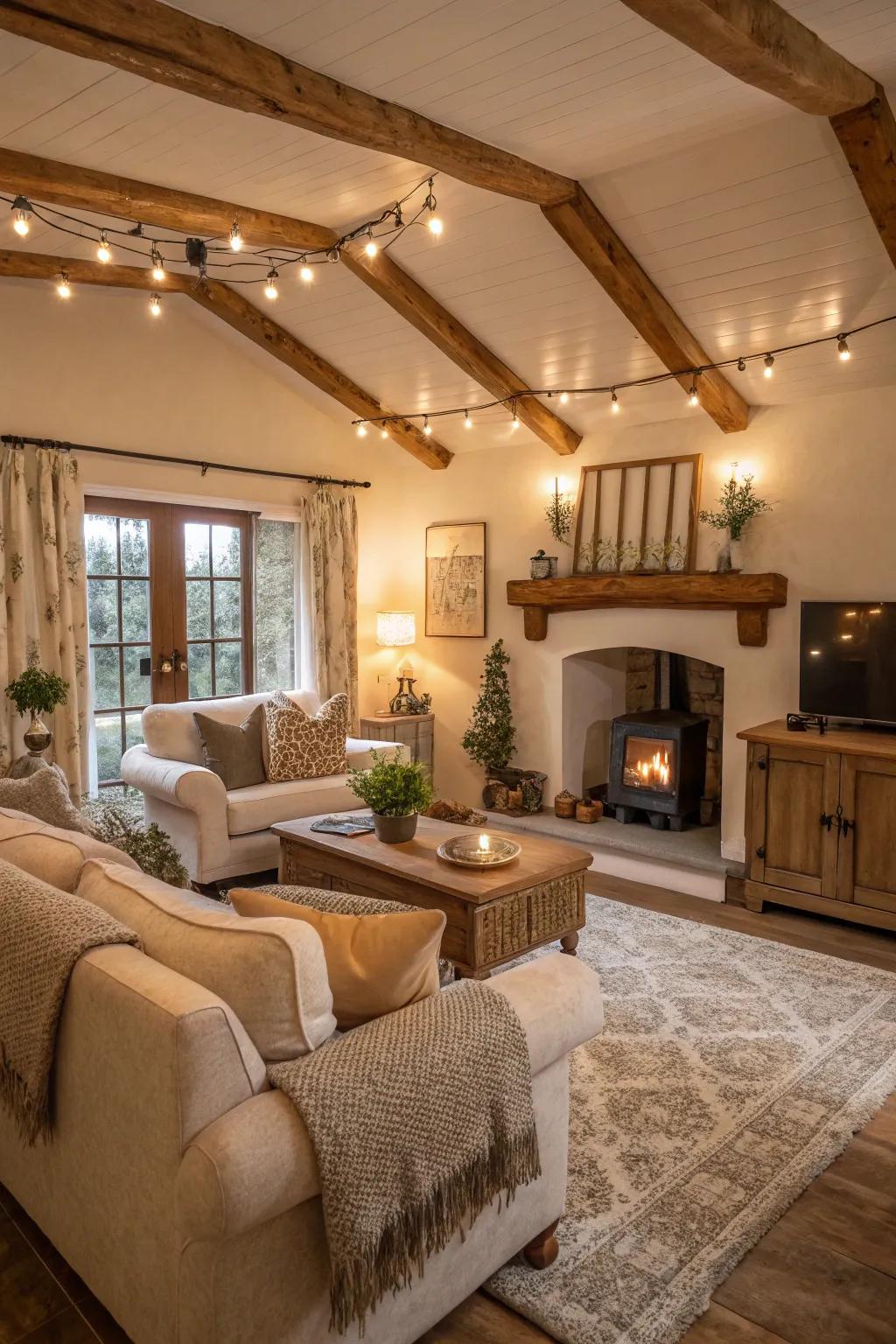 Toasty tones on the ceiling contribute to the welcoming vibe of this farmhouse living room.