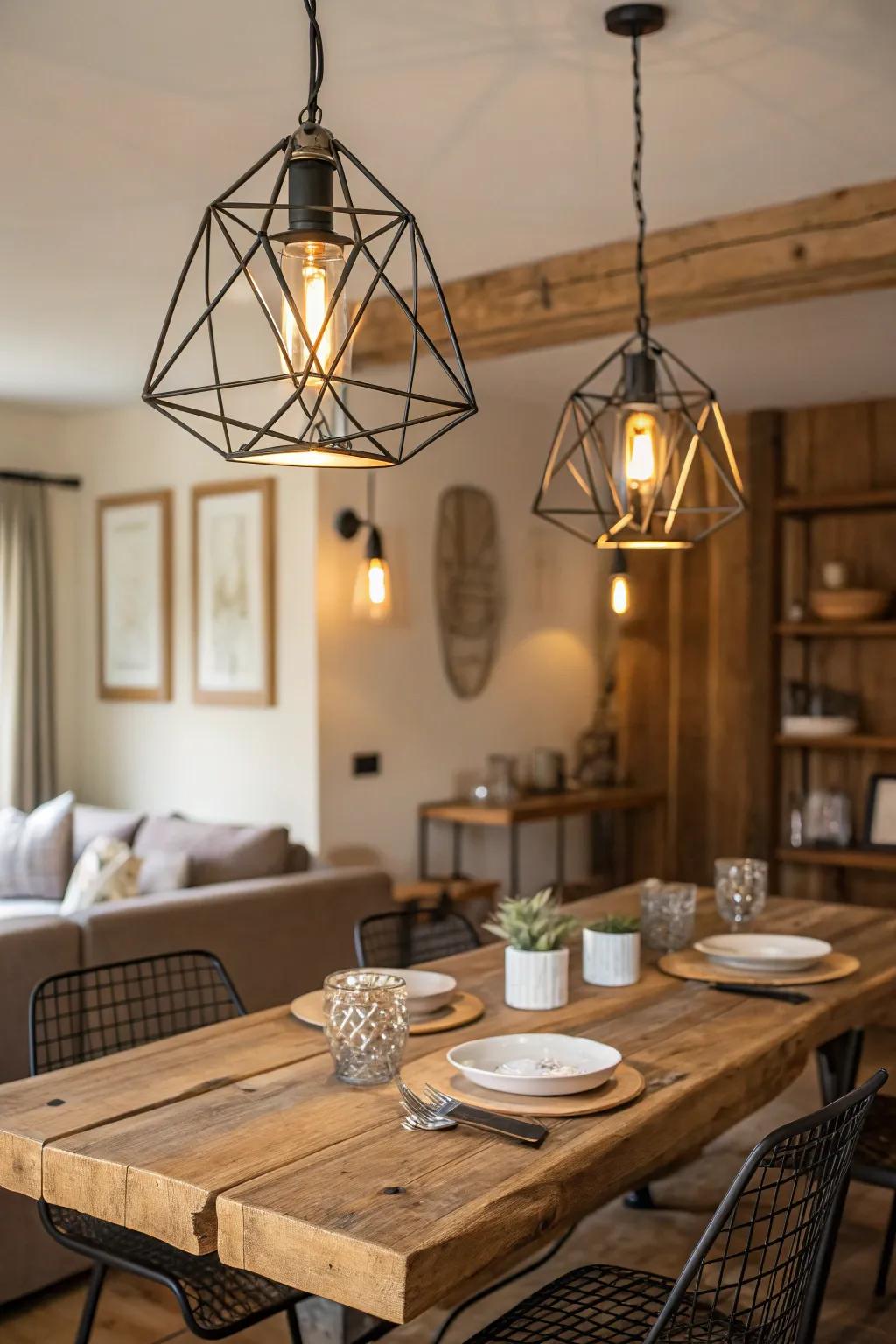 Geometric metallic designs bring a modern edge to farmhouse lighting.
