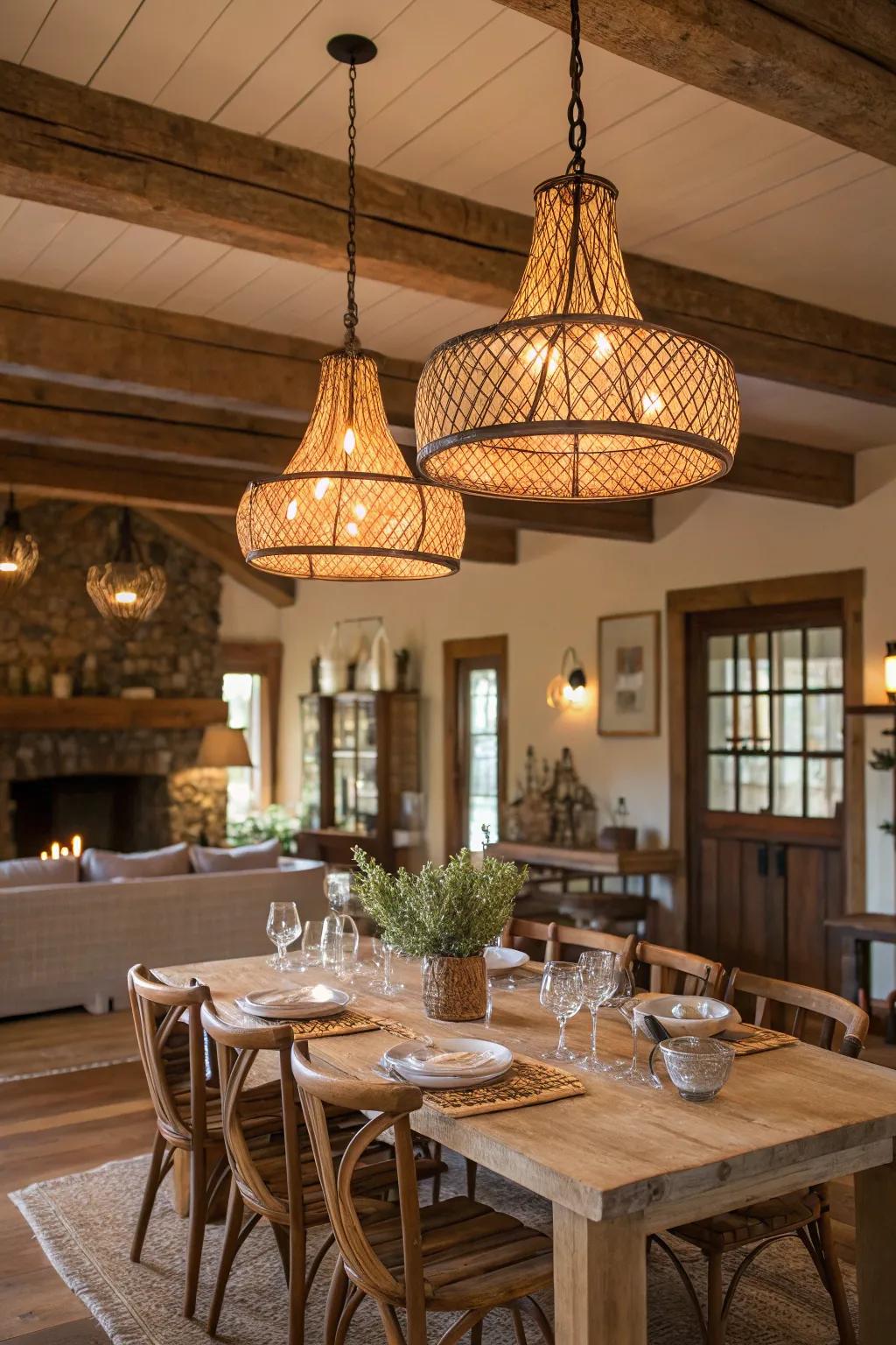 Natural fiber fixtures infuse coziness and tangible appeal.
