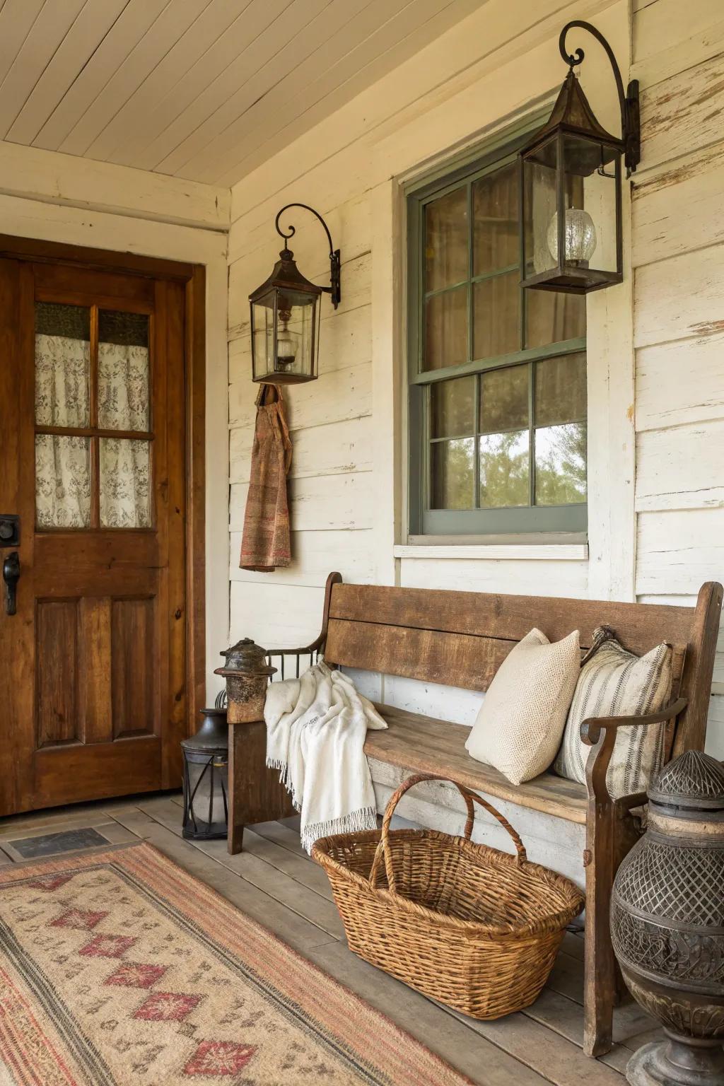 A timeless bench adds a touch of nostalgia to the entryway.