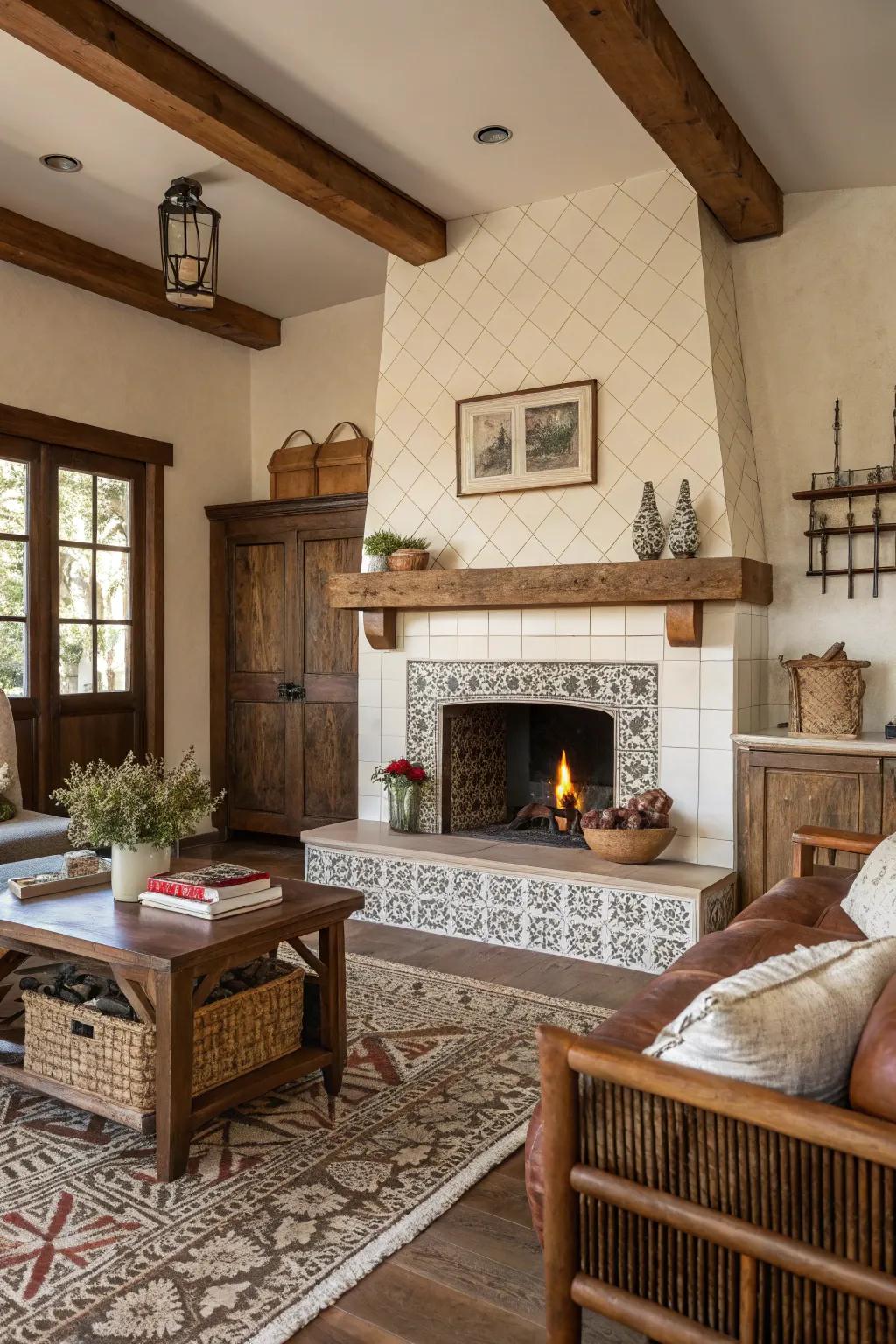Dramatic expansive full wall tiles on a farmhouse fireplace.