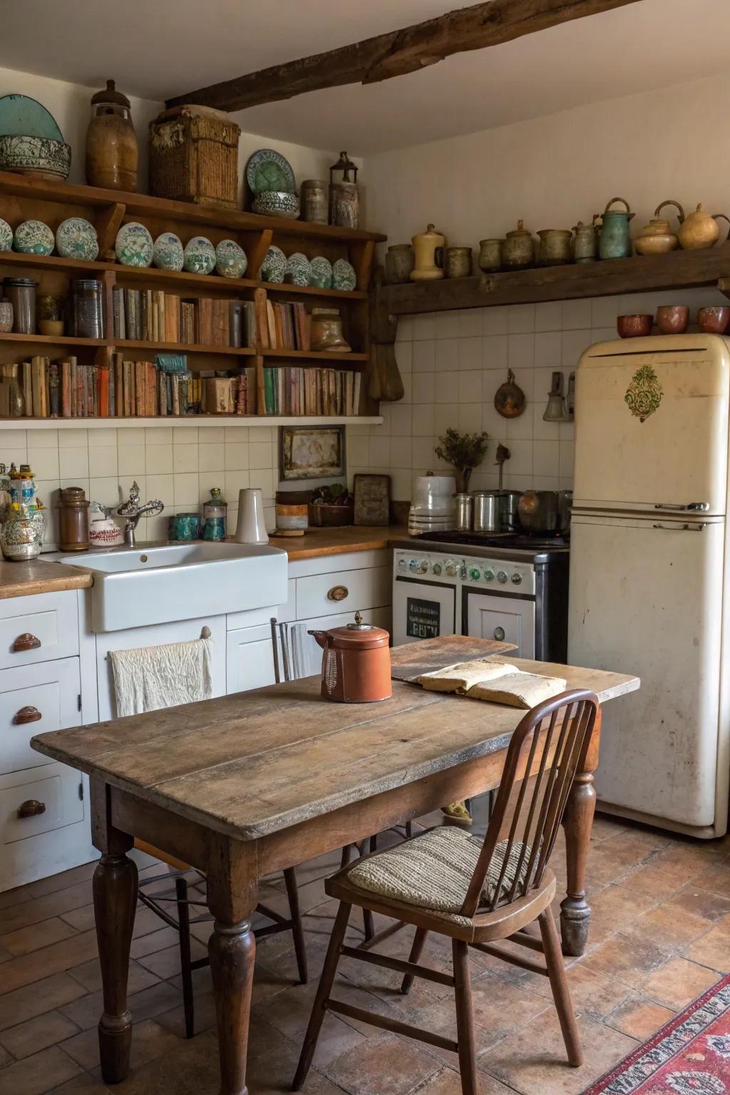 A farmhouse kitchen showcasing vintage ornamental accents.