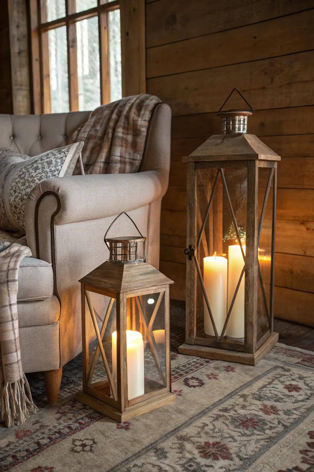 Ground lanterns contribute a bold element to room decor.