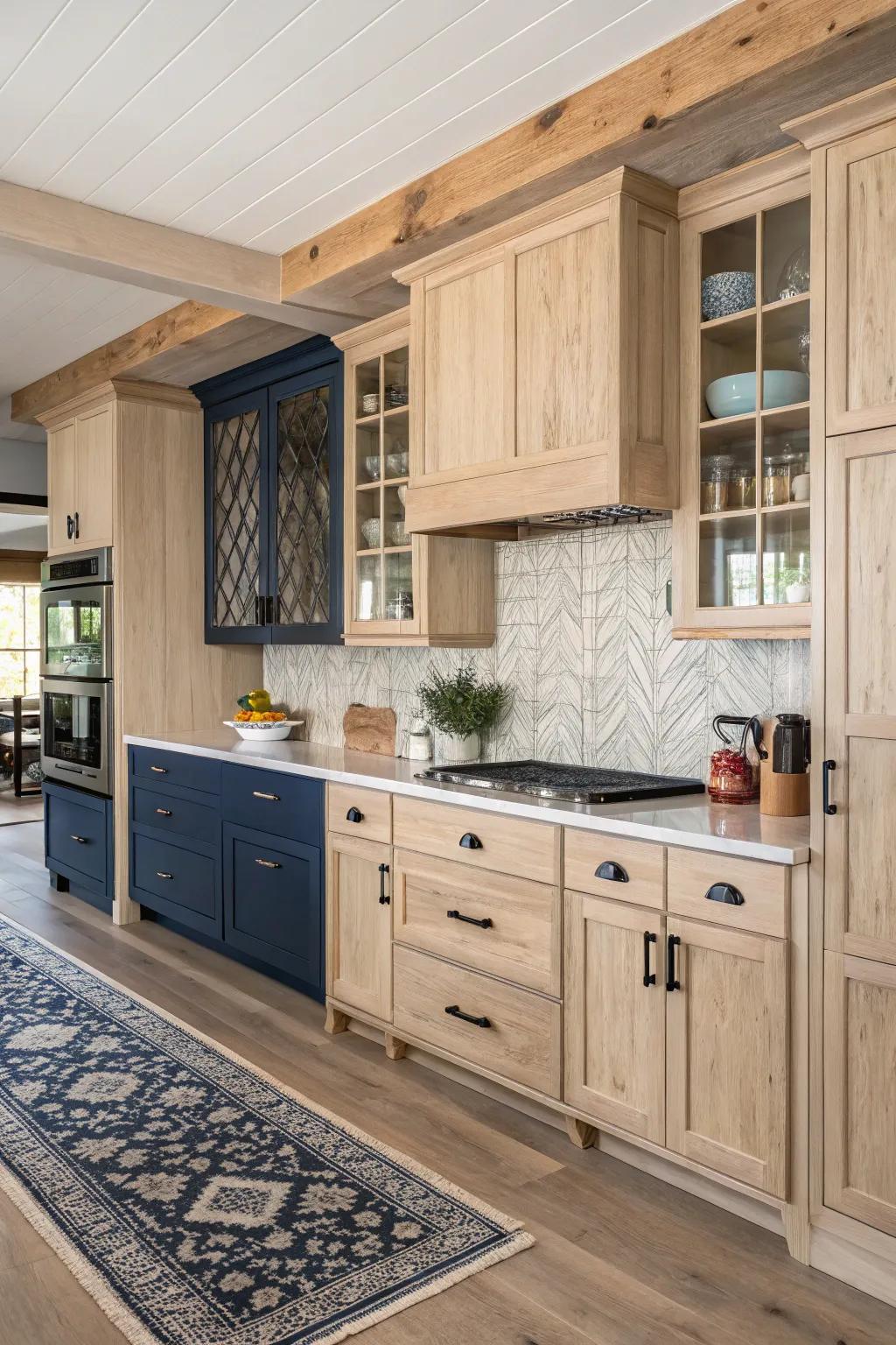 A two-tone approach with light wood and navy creates a stylish kitchen.