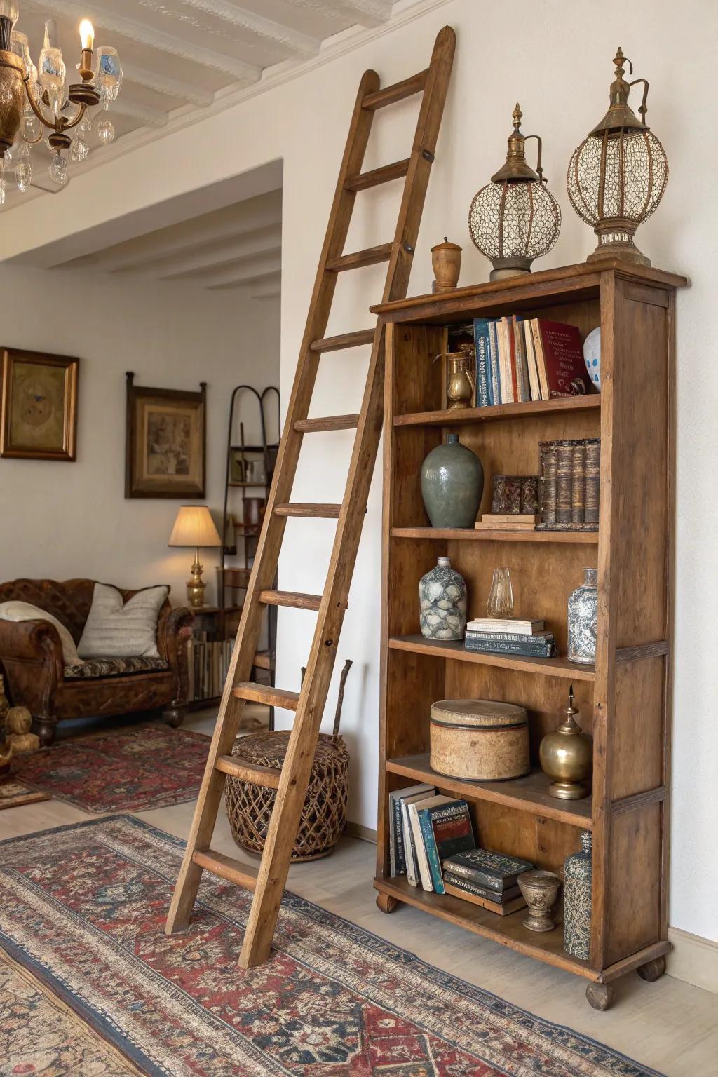 An antique collection beautifully displayed on a ladder