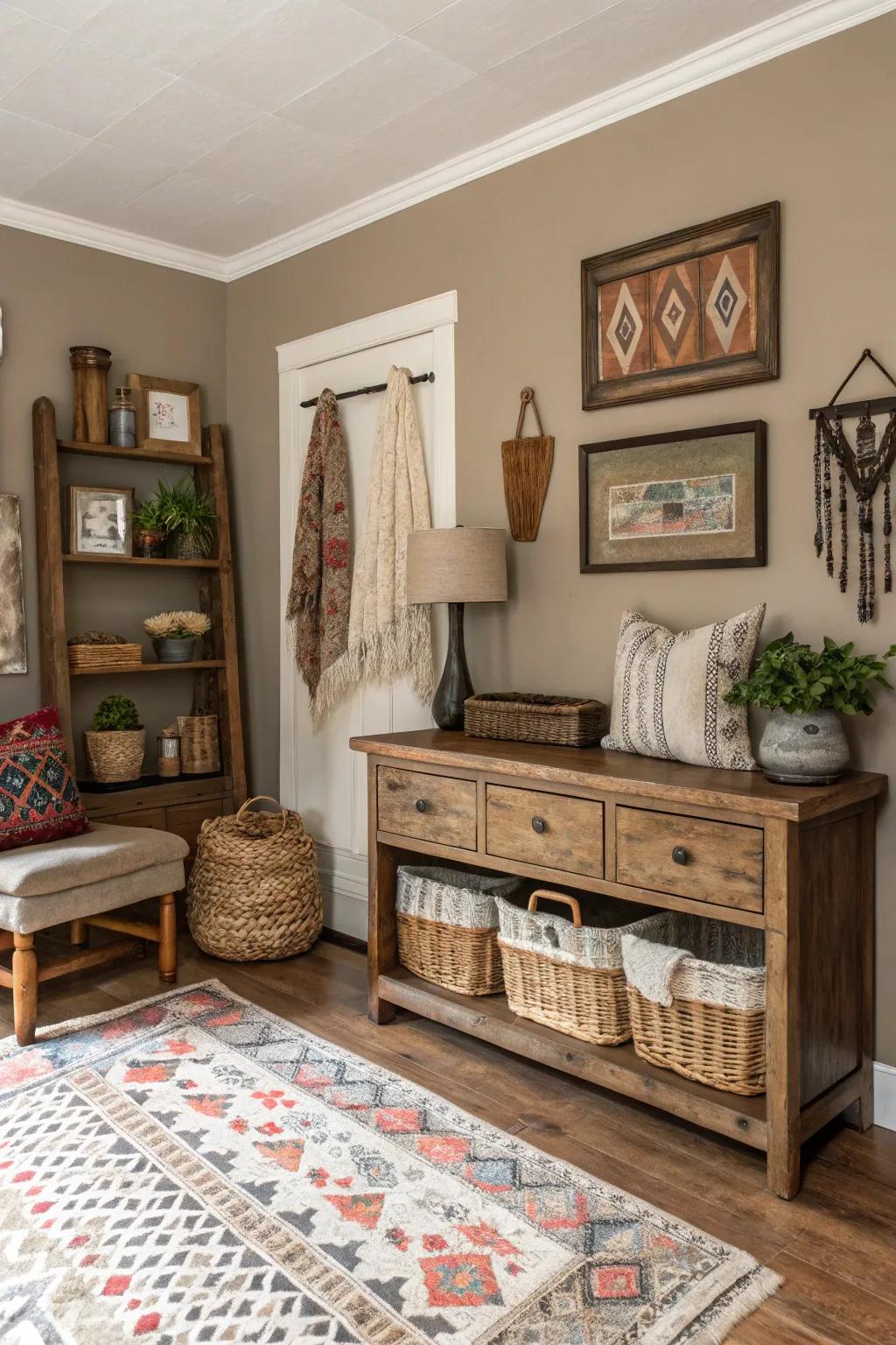 Taupe walls deliver a versatile backdrop for farmhouse decorations.