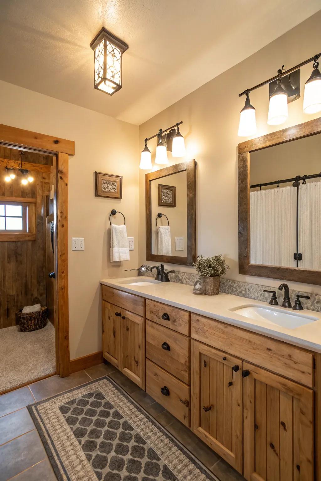 Farmhouse-style lighting brightens and introduces charm to this bathroom.