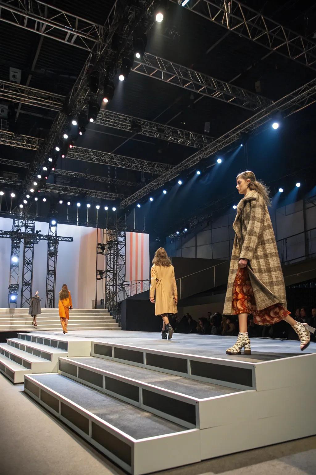 Adaptable stage designs offer flexibility and vibrant perspectives in a fashion show.
