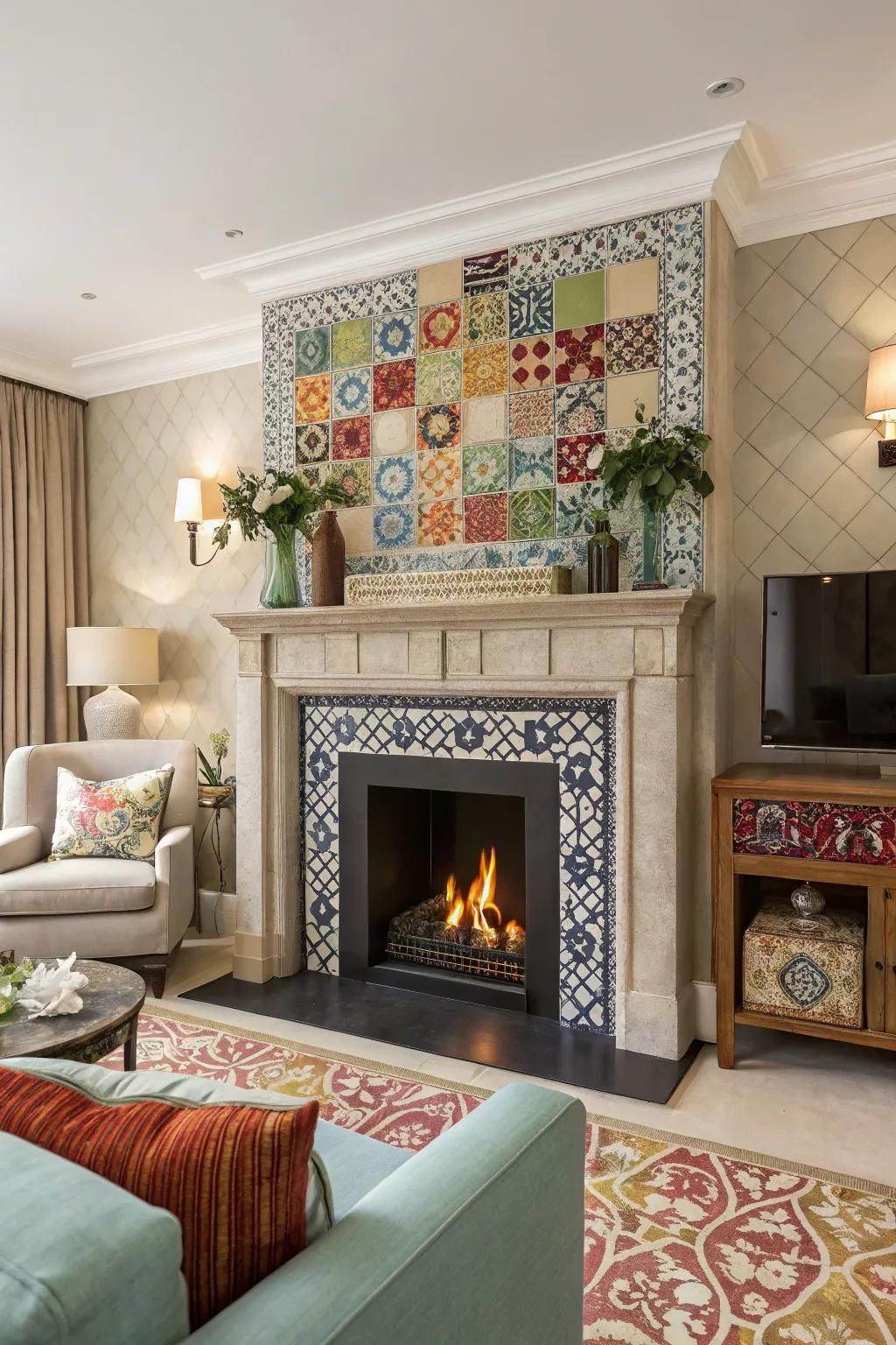 An imitation fireplace made vibrant with unique ornamental tiles.