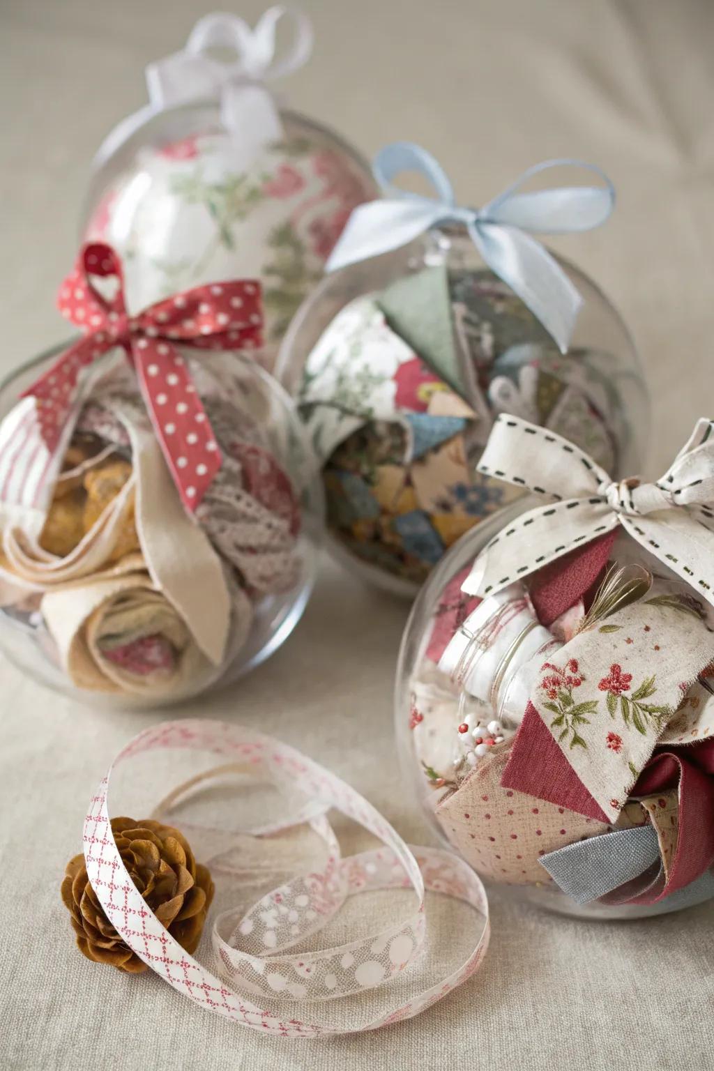 Ornaments showcasing fabric remnants and ornamental bands.