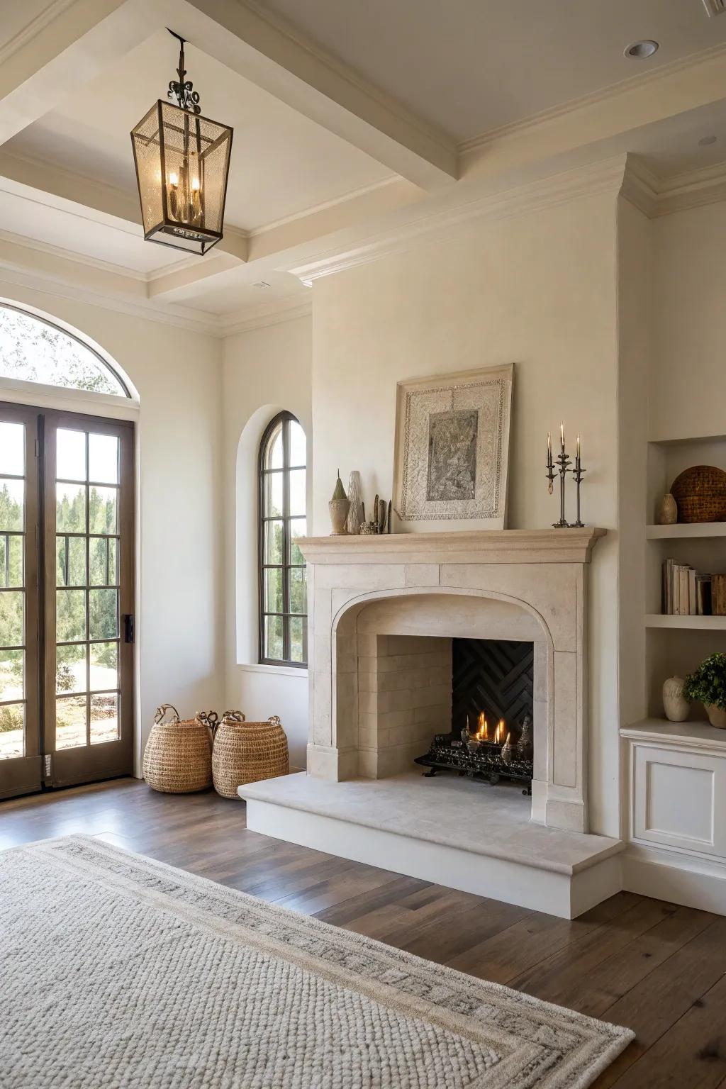 A minimalist living room highlighting the fireplace alcove's architectural elegance.