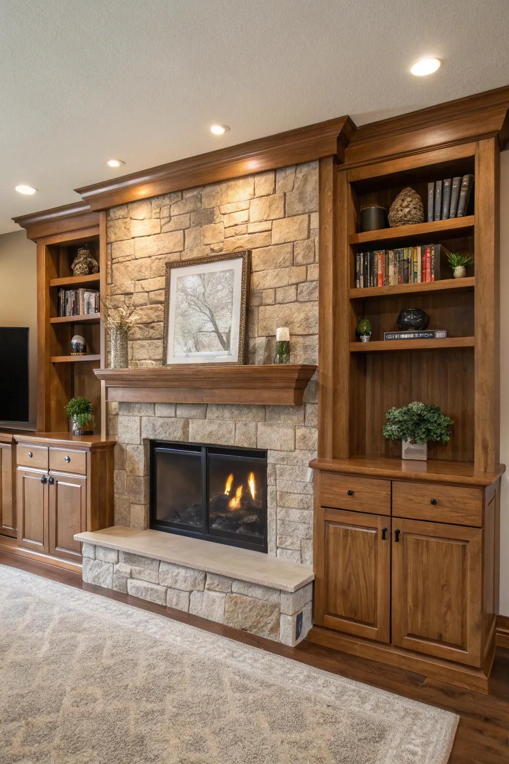 Practical storage solutions complement the fireplace design.