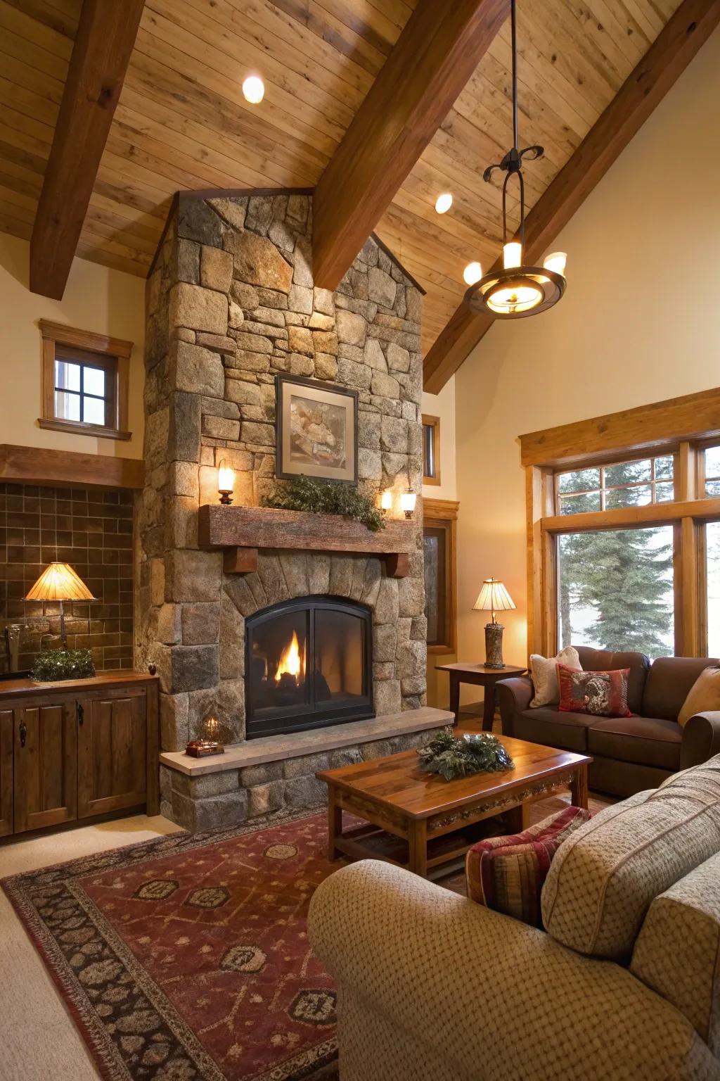 A rustic lounge featuring a central fireplace highlighting natural timber and stone materials.