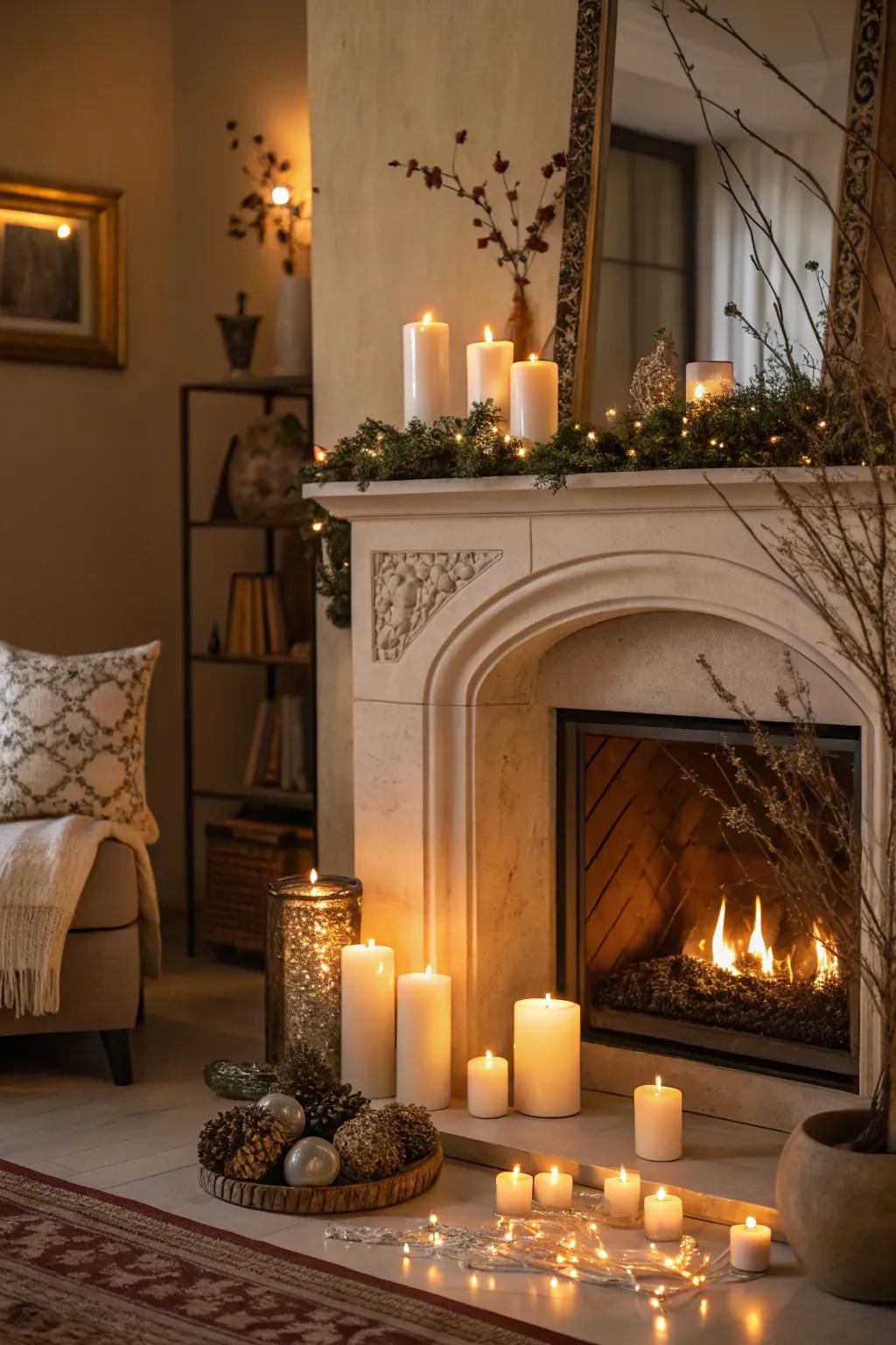 Transform an unused fireplace with ornamental candles.
