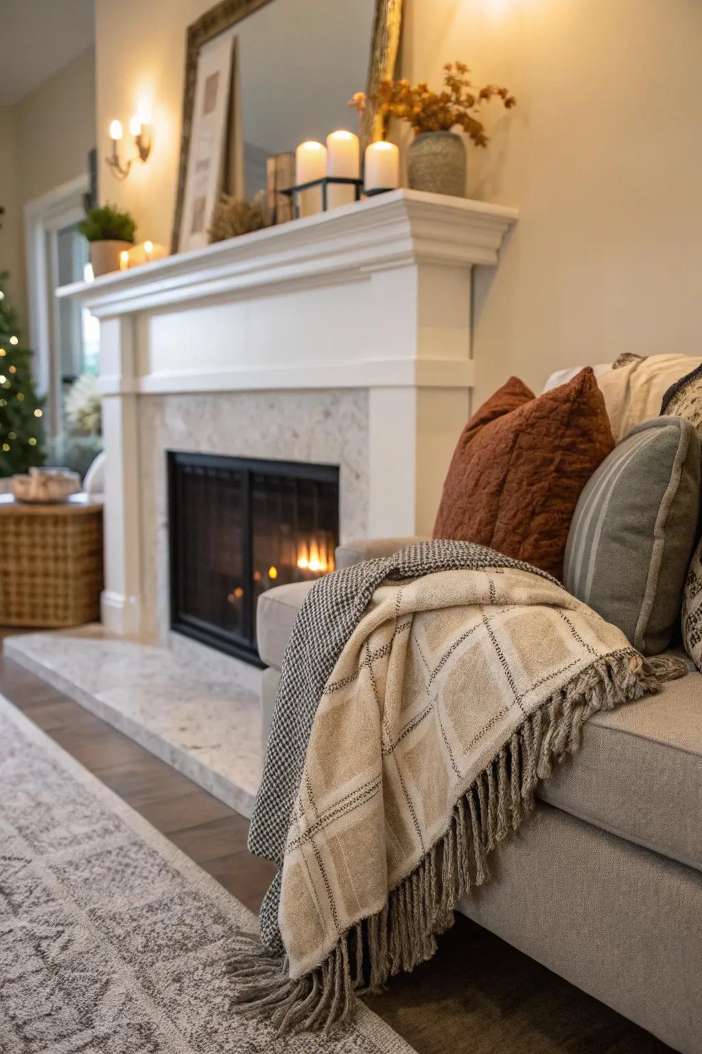 A mantel with cozy textiles that invites warmth and relaxation.