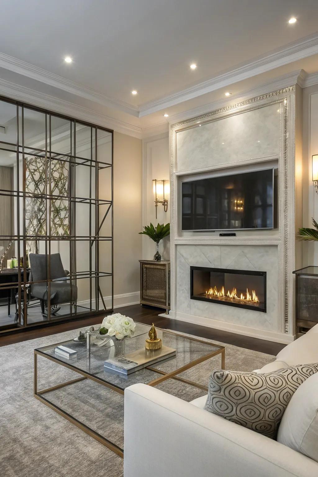 This modern fireplace wall features a sleek mix of glass and metal.