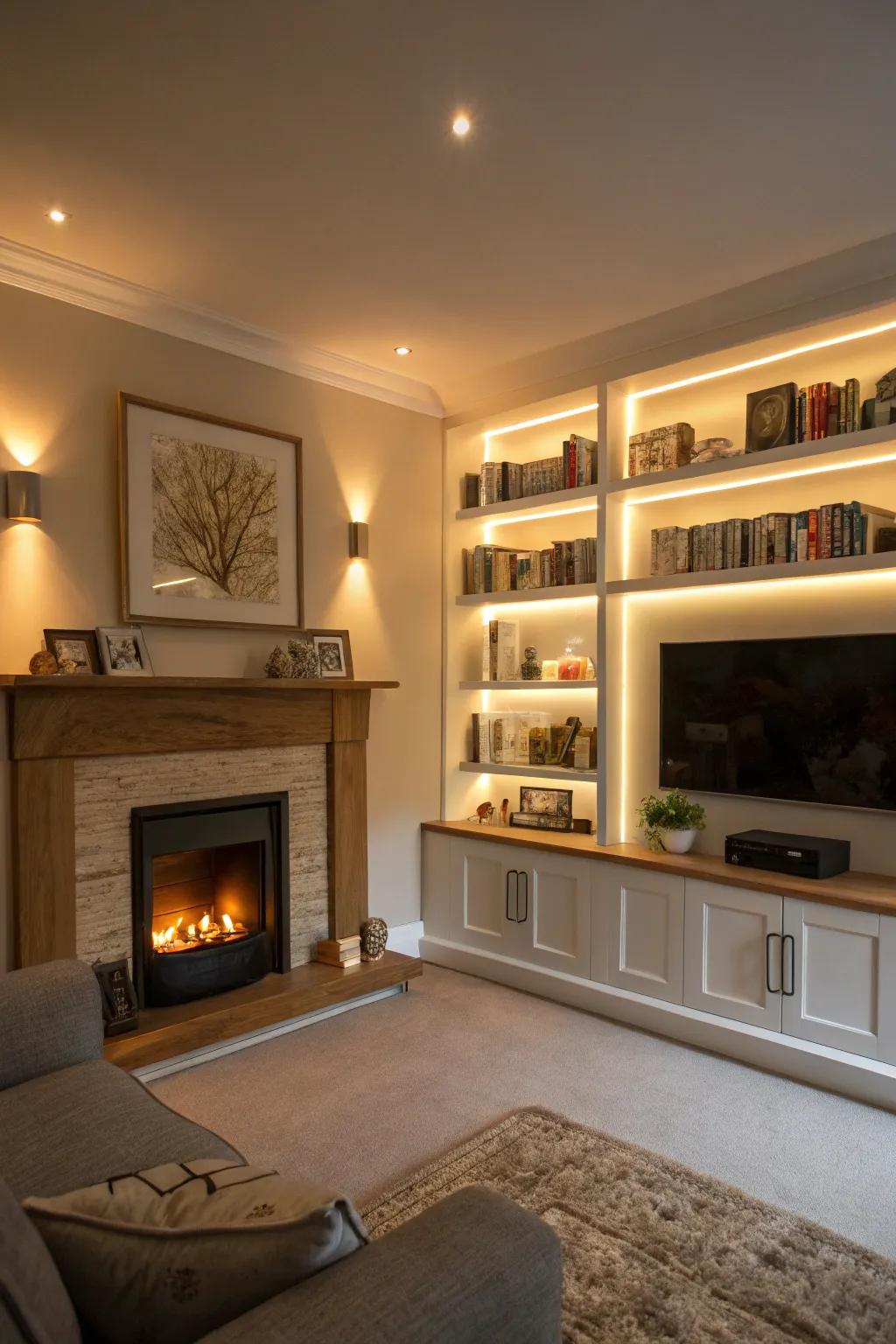 Built-in lamps add warmth and highlights decor.