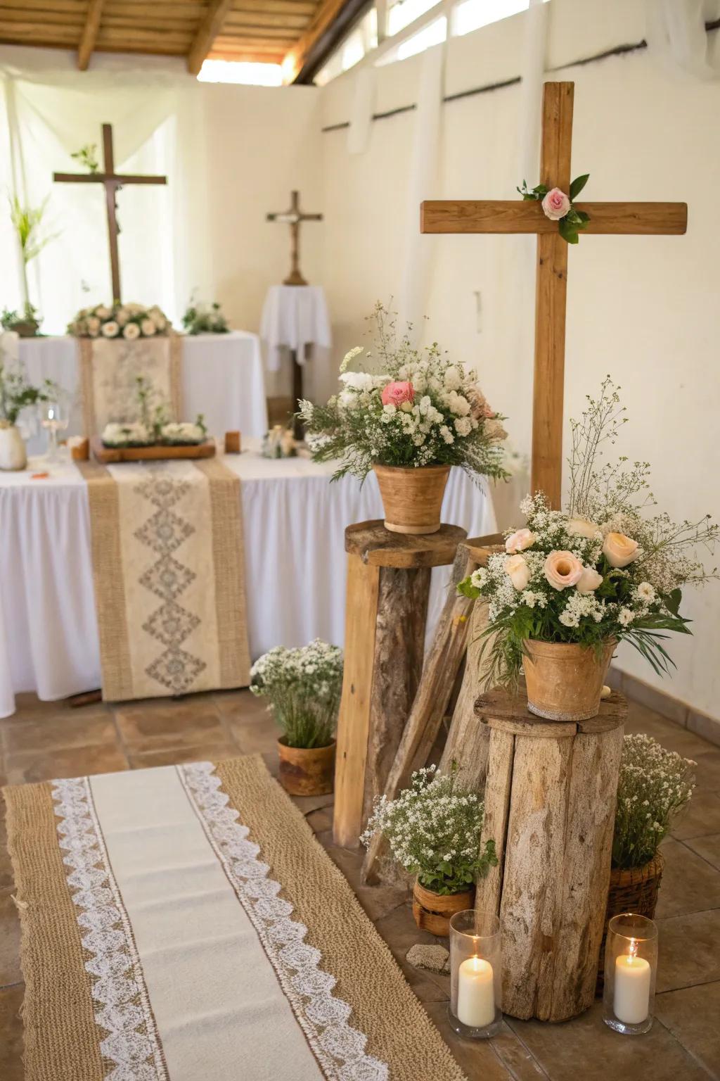 Countryside timber elements introduce charm and warmth to the overall decorations.