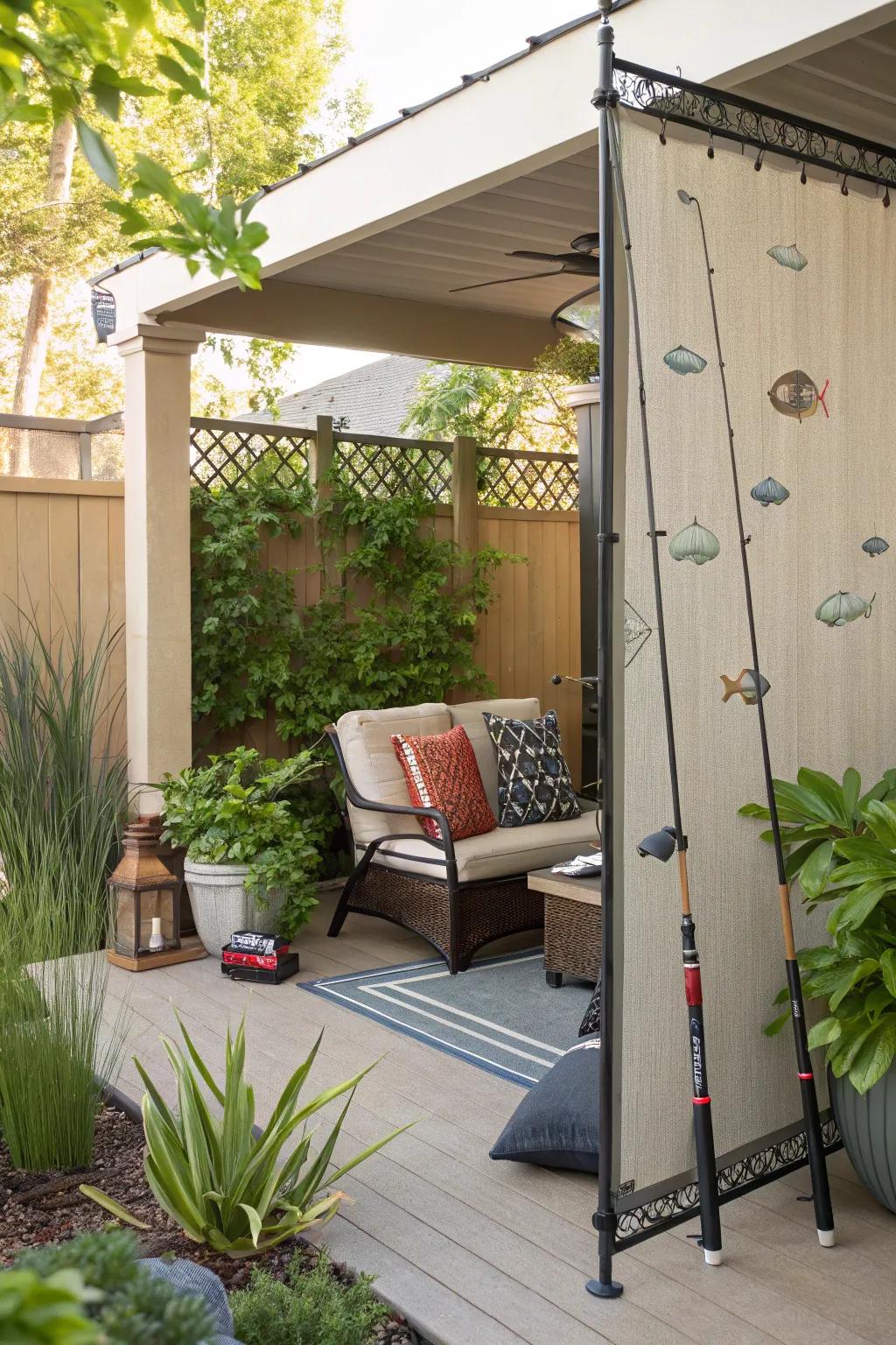 Angling poles create a lovely and practical terrace privacy screen.