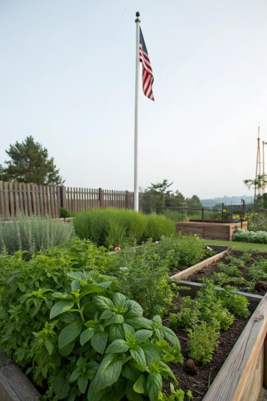 Herb gardens contribute fragrance and function to flagpole landscaping.