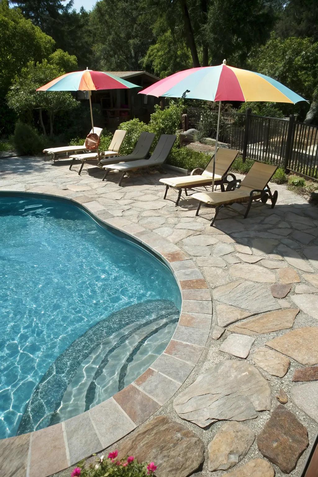 A flagstone pool deck providing a stylish and safe surface.
