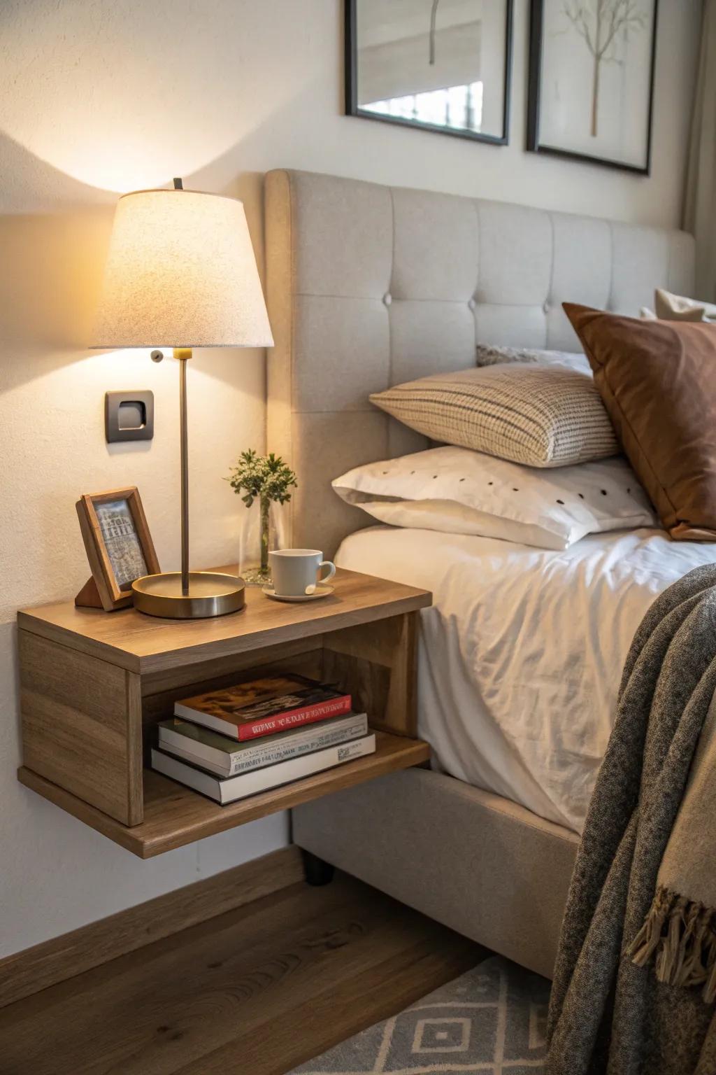 A bedroom enhanced with a floating shelf serving as a charming bedside table.