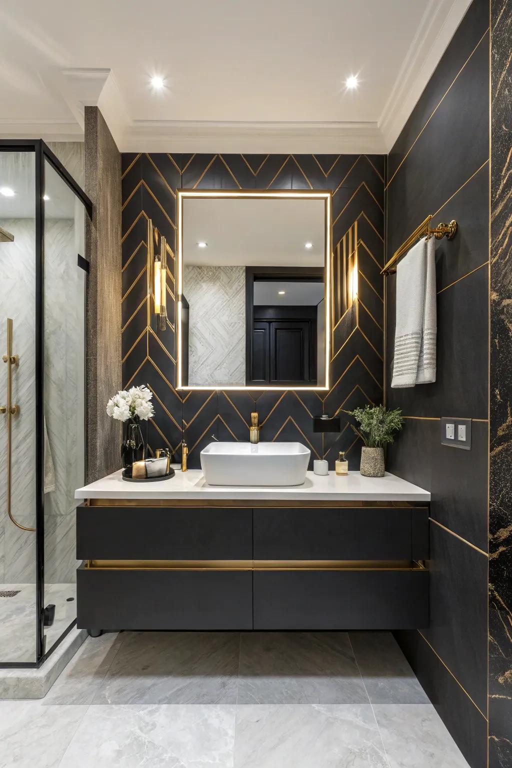 A bathroom featuring a mounted vanity with a daring opposing dark and light color scheme.