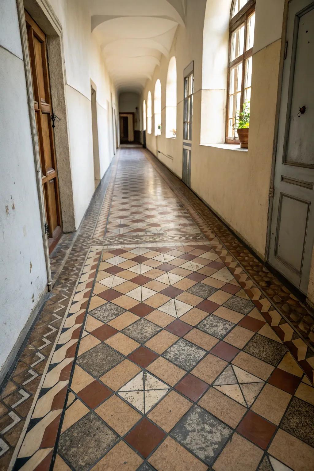 Diagonal squares create an illusion of space in narrow passageways.