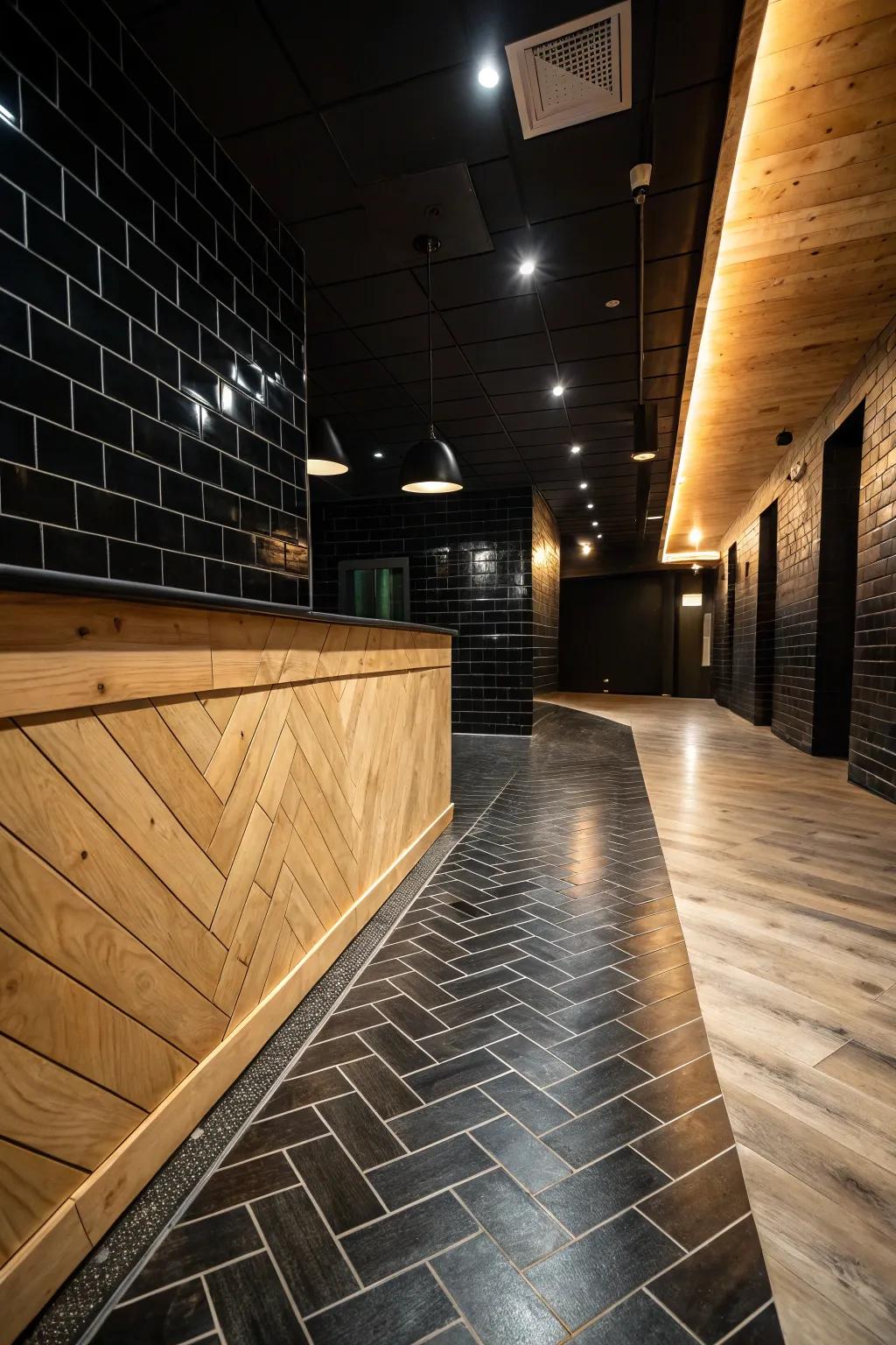 Audacious contrast fashions striking visual floor drama.