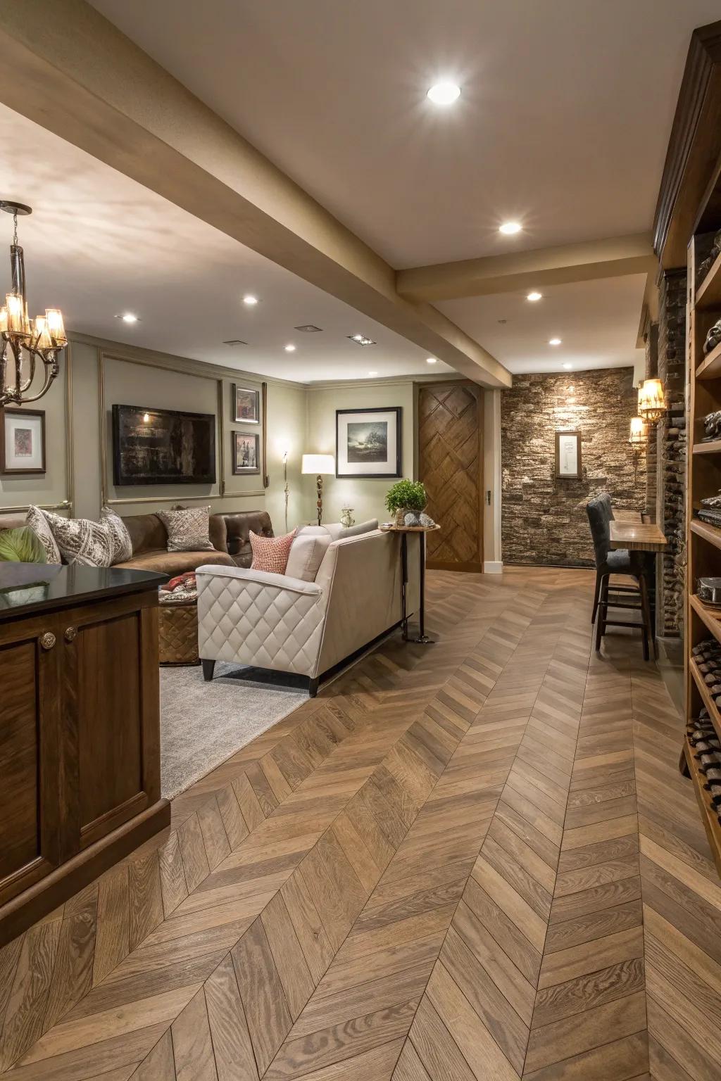 Chevron oak flooring creates a sophisticated basement aesthetic.