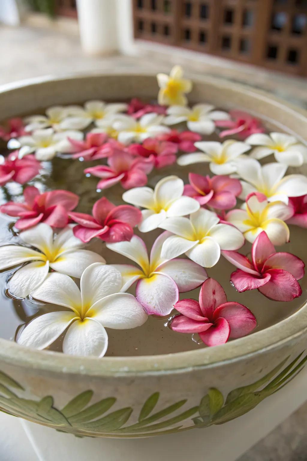A floral centerpiece showcasing floating flowers in a shallow bowl.