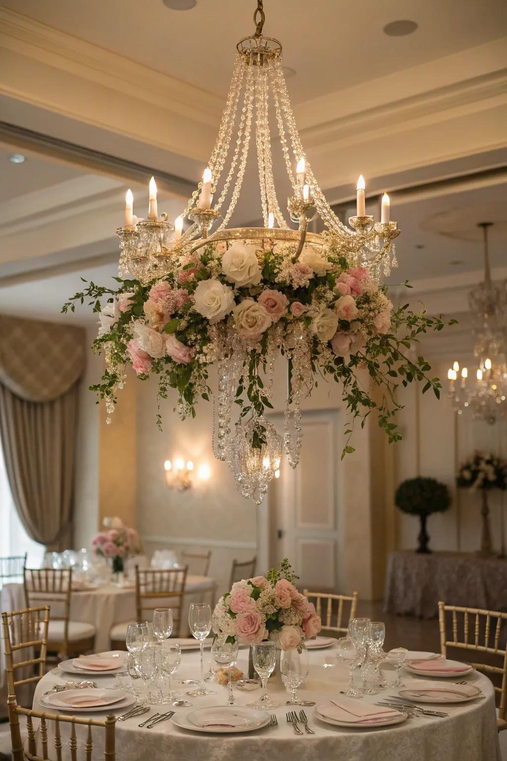 Incorporate whimsy into your dining chamber with a floral chandelier.