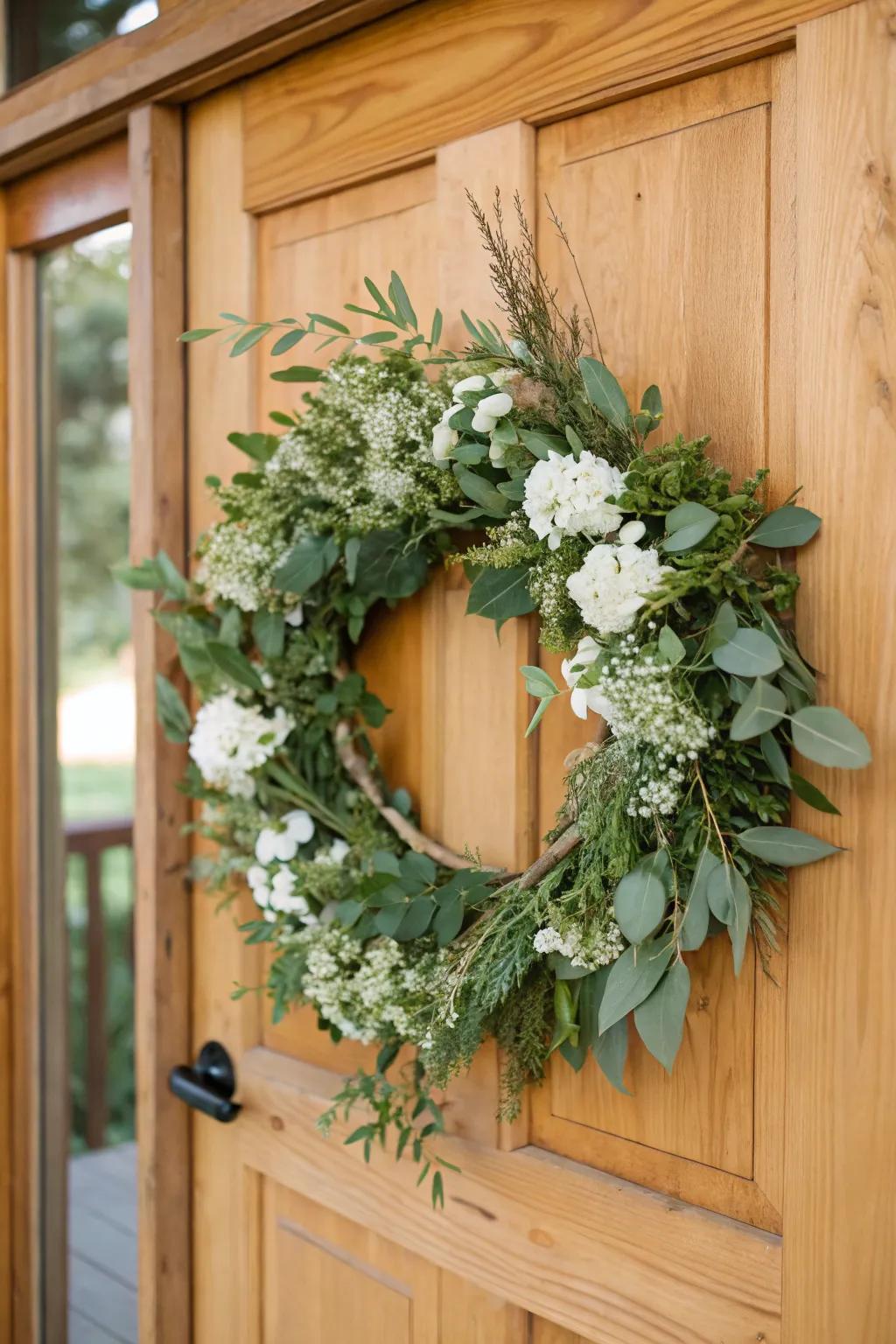 A winter pale wreath offering seasonal charm on the front door.