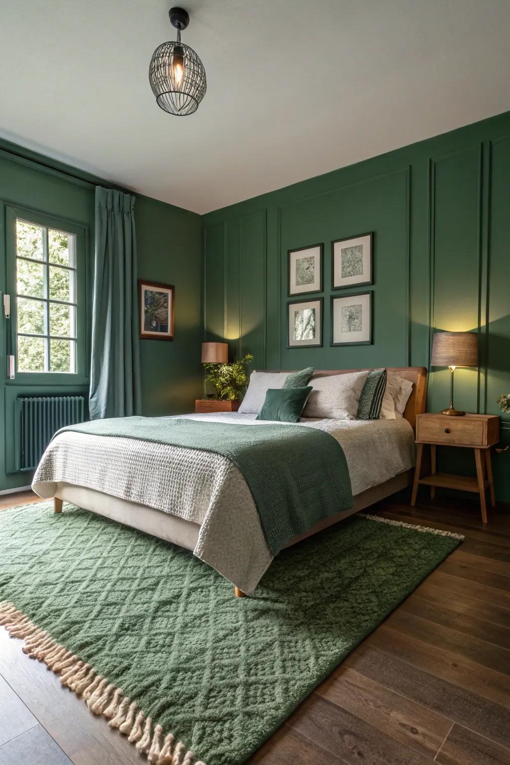 A textured green rug adds warmth and defines the space.