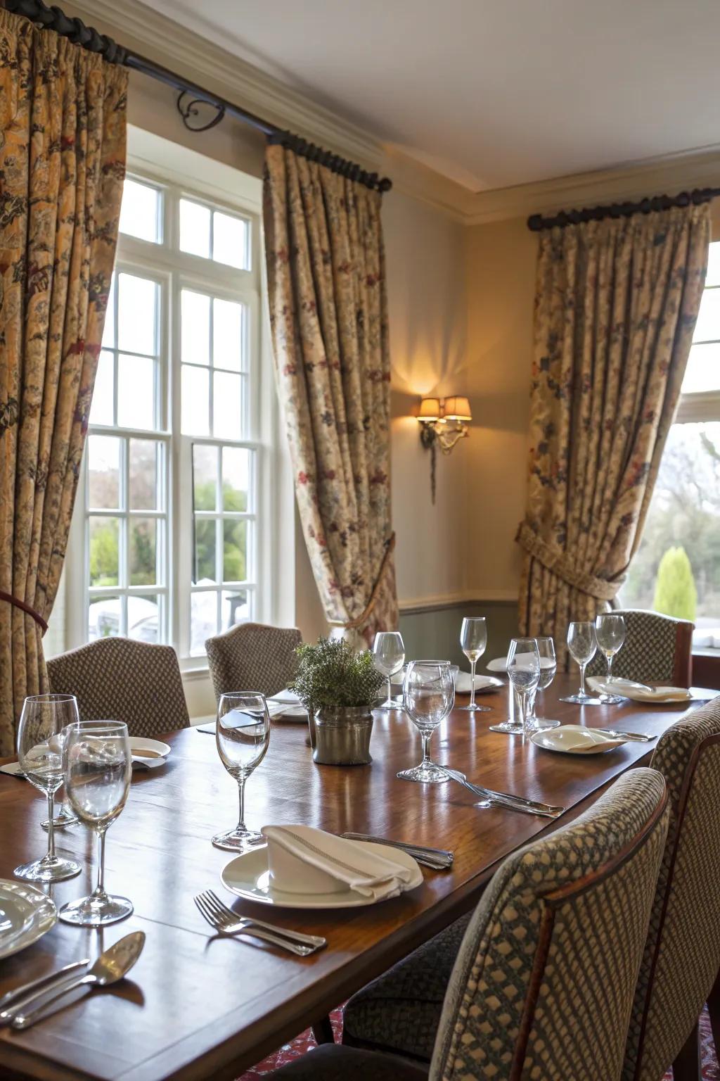 Patterned drapes include aesthetic interest and flair to this dining room.